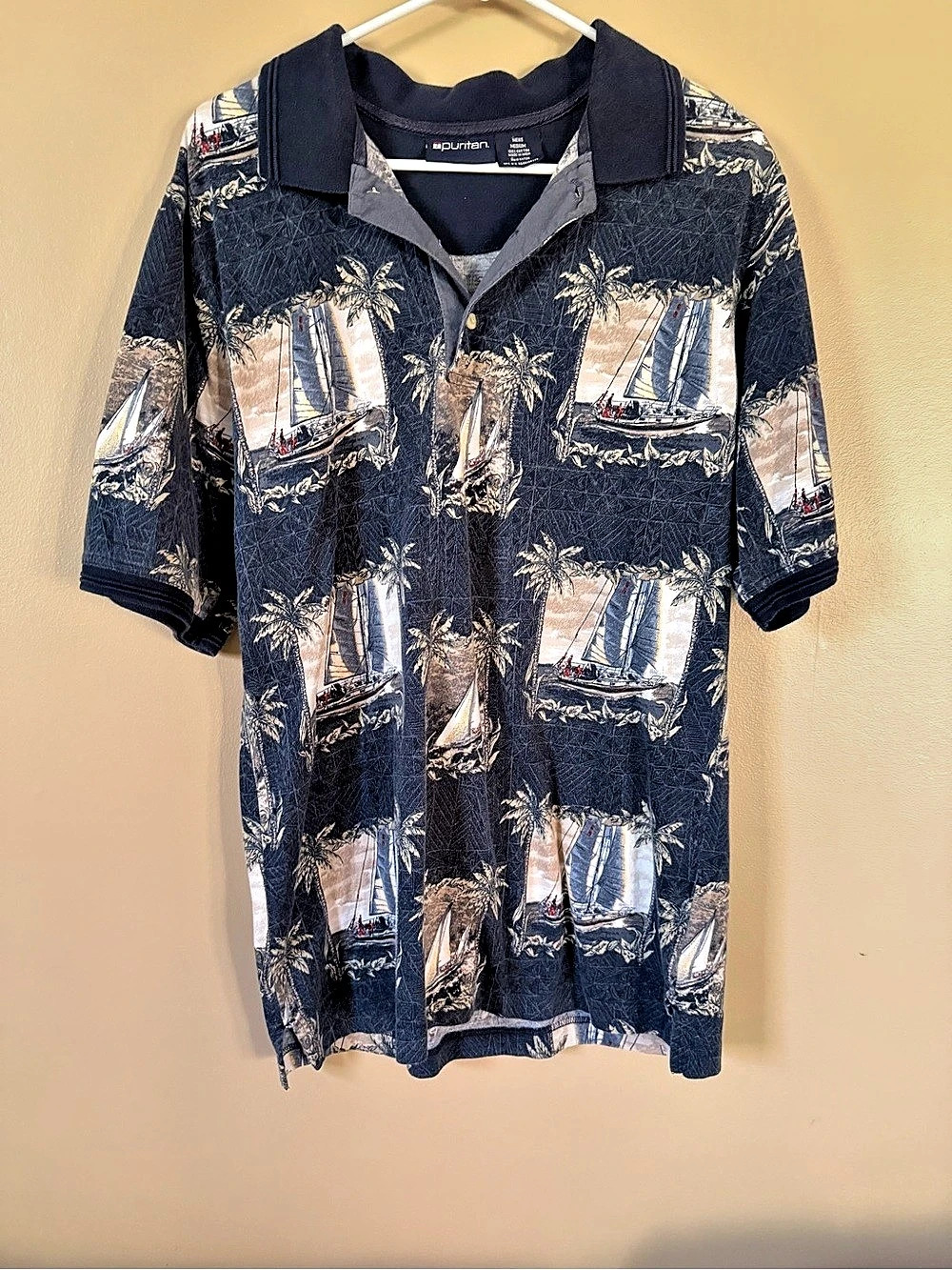 Vintage Puritan Men’s Nautical Polo Sailboat + Palm Tree Print 100% Cotton